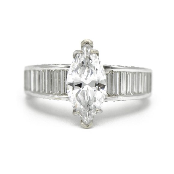 Jewelry - 18k White Gold Marquise & Baguette Engagement Ring